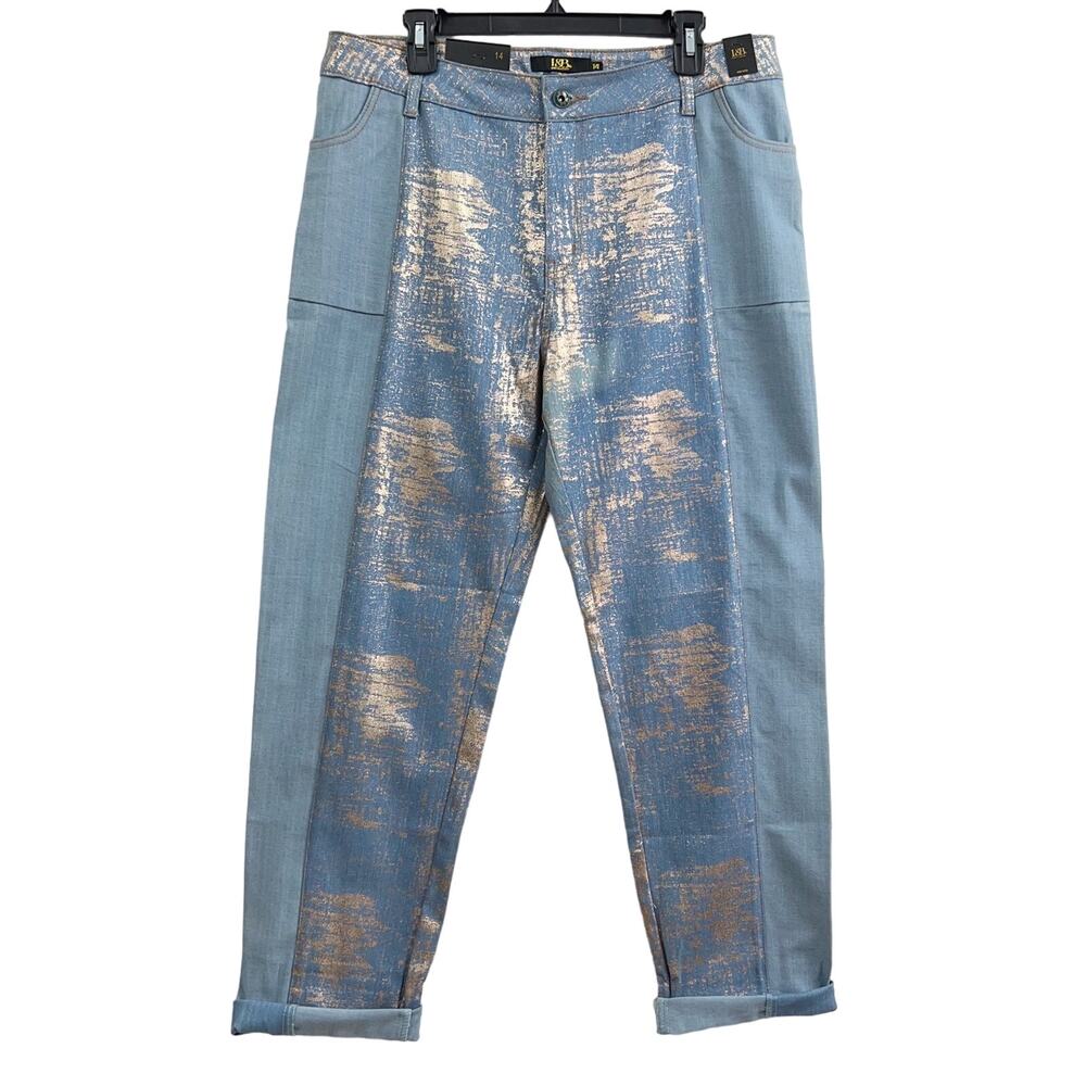 L&B Lucky & Blessed‎ Boyfriend Jeans Gold Leaf Panel Light Wash Women's Size 14 - Picture 4 of 12